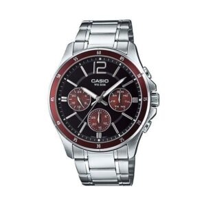 Casio-MTP-1374D-5AVDF-Men-s-Watch-Analog-Black-Maroon-Dial-Silver-Stainless-Band