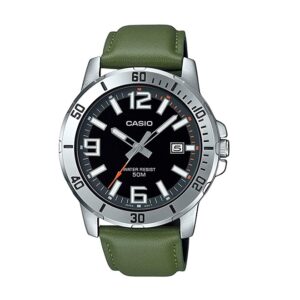 Casio-MTP-VD01L-3BVUDF-Mens-Watch-Analog-Black-Dial-Green-Leather-Band