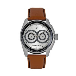 Fastrack-3089SL07-Mens-Analog-Watch-Silver-Dial-Multi-Function-3-Hands-Brown-Leather-Strap