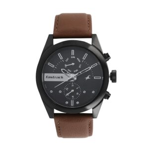 Fastrack-3165NL01-Mens-Analog-Watch-Black-Dial-Multi-Function-3-Hands-Brown-Leather-Strap