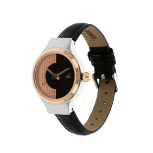 Fastrack-6134KL01-WoMens-Analog-Watch-Gold-Black-Dial-Black-Leather-Strap