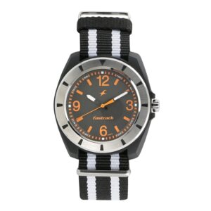 Fastrack-9298PV10-Mens-Analog-Watch-Black-Orange-Dial-Black-White-Nylon-Strap