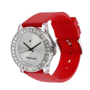 Fastrack-9827PP08-WoMens-Analog-Watch-Silver-Dial-Red-Silicone-Strap