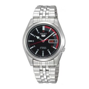 Seiko-SNK375J-Men-s-Mechanical-Watch-Analog-Black-Dial-Silver-Stainless-Band