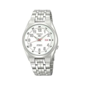 Seiko-SNK579J-Men-s-Mechanical-Watch-Analog-White-Dial-Silver-Stainless-Band