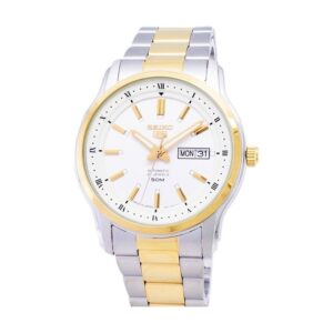 Seiko-SNKP14J-Mens-Mechanical-Watch-Analog-White-Dial-Silver-Gold-Stainless-Band