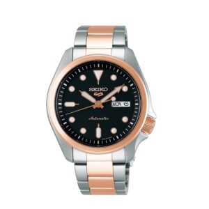 Seiko-SRPE58K-Mens-Sports-Mechanical-Watch-Analog-Black-Dial-Silver-Rose-Gold-Stainless-Band