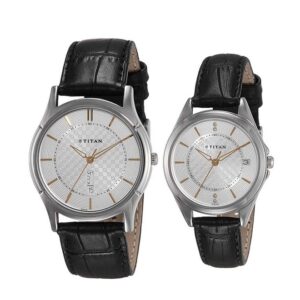 Titan-1636SL01P-Couples-Watch-Bandhan-Collection-Analog-Silver-Dial-Black-Leather-Band