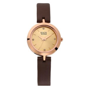 Titan-2540WL01-WoMens-Watch-Raga-Collection-Analog-Gold-Dial-Brown-Leather-Band