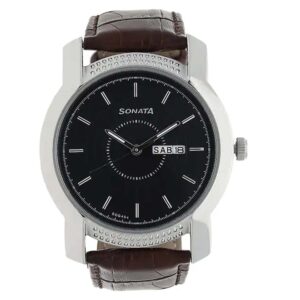 Sonata-7093SL05-Mens-Black-Dial-Brown-Leather-Strap-Watch