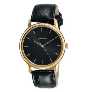 Sonata-7128YL01-Mens-Sleek-Black-Dial-Black-Leather-Strap-Watch