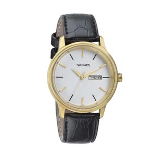 Sonata-7134YL01-Mens-Wedding-Edition-White-Dial-Black-Leather-Strap-Watch