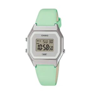 Casio-LA680WEL-3DF-Digital-WoMens-Watch-Silver-Dial-Pastels-Matte-Green-Leather-Band