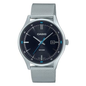 Casio-MTP-E710M-1A-Mens-Watch-Analog-Black-Dial-Silver-Stainless-Steel-Mesh-Band