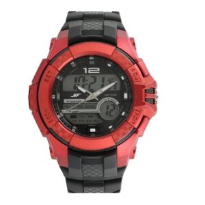 Sonata-77027PP03-Mens-Black-Dial-Red-Rubber-Strap-Watch-Analog-Digital-Display