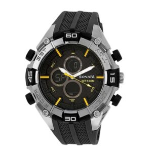 Sonata-77028PP01-Mens-Black-Dial-Black-Rubber-Strap-Watch-Analog-Digital-Display