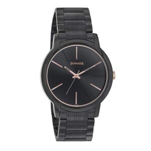 Sonata-77031KM04-Mens-Beyond-Gold-Black-Dial-Black-Stainless-Steel-Strap-Watch