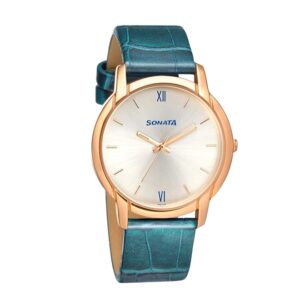 Sonata-77031WL01-Mens-Beyond-Gold-Silver-Dial-Blue-Leather-Strap-Watch