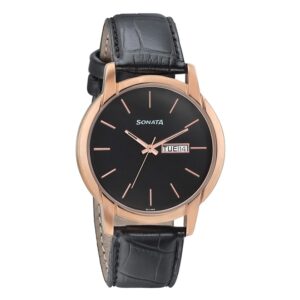 Sonata-77031WL05-Mens-Beyond-Gold-Black-Dial-Black-Leather-Strap-Watch