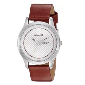 Sonata-77063SL03-Mens-White-Dial-Brown-Leather-Strap-Watch