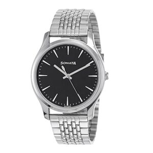 Sonata-77082SM01-Mens-Essentials-Black-Dial-Silver-Stainless-Steel-Strap-Watch