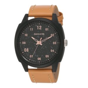 Sonata-77086PL01-Mens-Volt+-Black-Dial-Beige-Leather-Strap-Watch