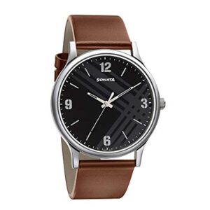 Sonata-77105SL02-Mens-Smart-Plaid-In-Black-Dial-Brown-Leather-Strap-Watch