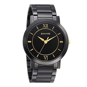 Sonata-77108KM01-Mens-Beyond-Gold-Black-Dial-Black-Metal-Strap-Watch