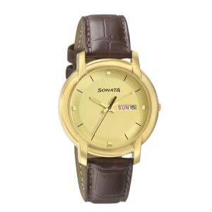 Sonata-7954YL11-Mens-Utsav-Champagne-Dial-Brown-Leather-Strap-Watch