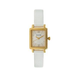 Sonata-8080YL01-WoMens-Silver-Dial-White-Leather-Strap-Watch-Gold-Case