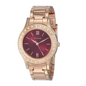 Sonata-8123WM02-WoMens-Blush-Maroon-Dial-Gold-Stainless-Steel-Strap-Watch