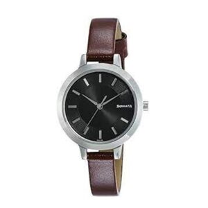Sonata-8141SL01-WoMens-Steel-Daisies-Black-Dial-Brown-Leather-Strap-Watch