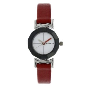 Sonata-8943SL01-WoMens-White-Dial-Red-Leather-Strap-Watch