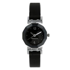 Sonata-8943SL03-WoMens-Black-Dial-Black-Leather-Strap-Watch