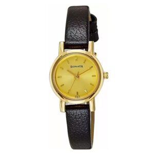 Sonata-8976YL01-WoMens-Champagne-Dial-Black-Leather-Strap-Watch