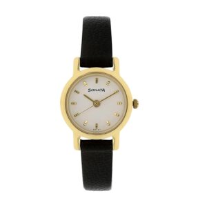 Sonata-8976YL02-WoMens-White-Dial-Black-Leather-Strap-Watch