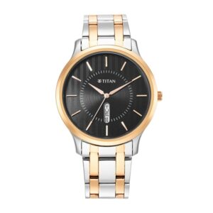 Titan-1825KM02-Men-s-WatchBlack-Dial-Silver-Gold-Stainless-Steel-Strap-Watch