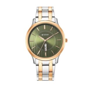 Titan-1825KM03-Men-s-WatchGreen-Dial-Silver-Gold-Stainless-Steel-Strap-Watch