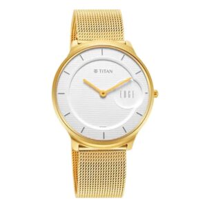 Titan-1843YM01-Mens-Edge-Baseline-Collection-Analog-Watch-White-Dial-Golden-Stainless-Steel-Band