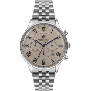 Beverly Hills Polo Club Men's Analog Watch, Beige Dial & Silver Metal Strap, BP3237X.340