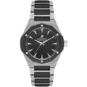 Beverly Hills Polo Club Men's Watch, Analog, Black Dial, Silver & Black Stainless Steel Strap, BP3554X.360