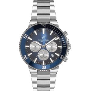 Beverly Hills Polo Club Men's Watch, Fernando Dual Time, Silver Stainless Steel Strap, Dark Blue Dial BP3247X.390