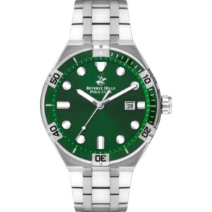 Beverly Hills Polo Club Men's watch,Green Dial, Silver Stainless Steel Strap, Wrist Watch,BP3404X.370