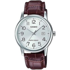 Casio Men's Watch Analog, Silver Dial Brown Leather Strap, MTP-V002L-7B2UD