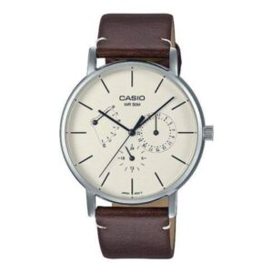 Casio, Men's Watch Analog, White Dial Brown Leather Band, MTP-E320L-5EVDF