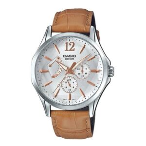 Casio, Men's Watch Analog, White Dial Brown Leather Band, MTP-E320LY-7AVD