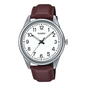 Casio Men's Watch Analog, White Dial Brown Leather Strap, MTP-V005L-7B4UD