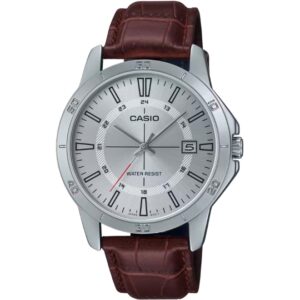 Casio Men's Watch, Silver Dial Brown Leather Strap, MTP-V004L-7CUDF