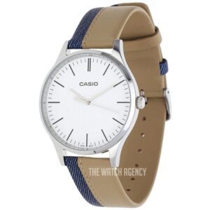 Casio, Unisex Watch Analog, White Dial Blue & Beige Leather Band, MTP-E133L-7EDF