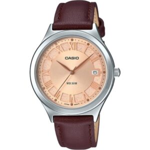 Casio, Women's Watch Fashion Collection Analog, Rose Gold Dial Brown Leather Band, LTP-E141L-5AVDF